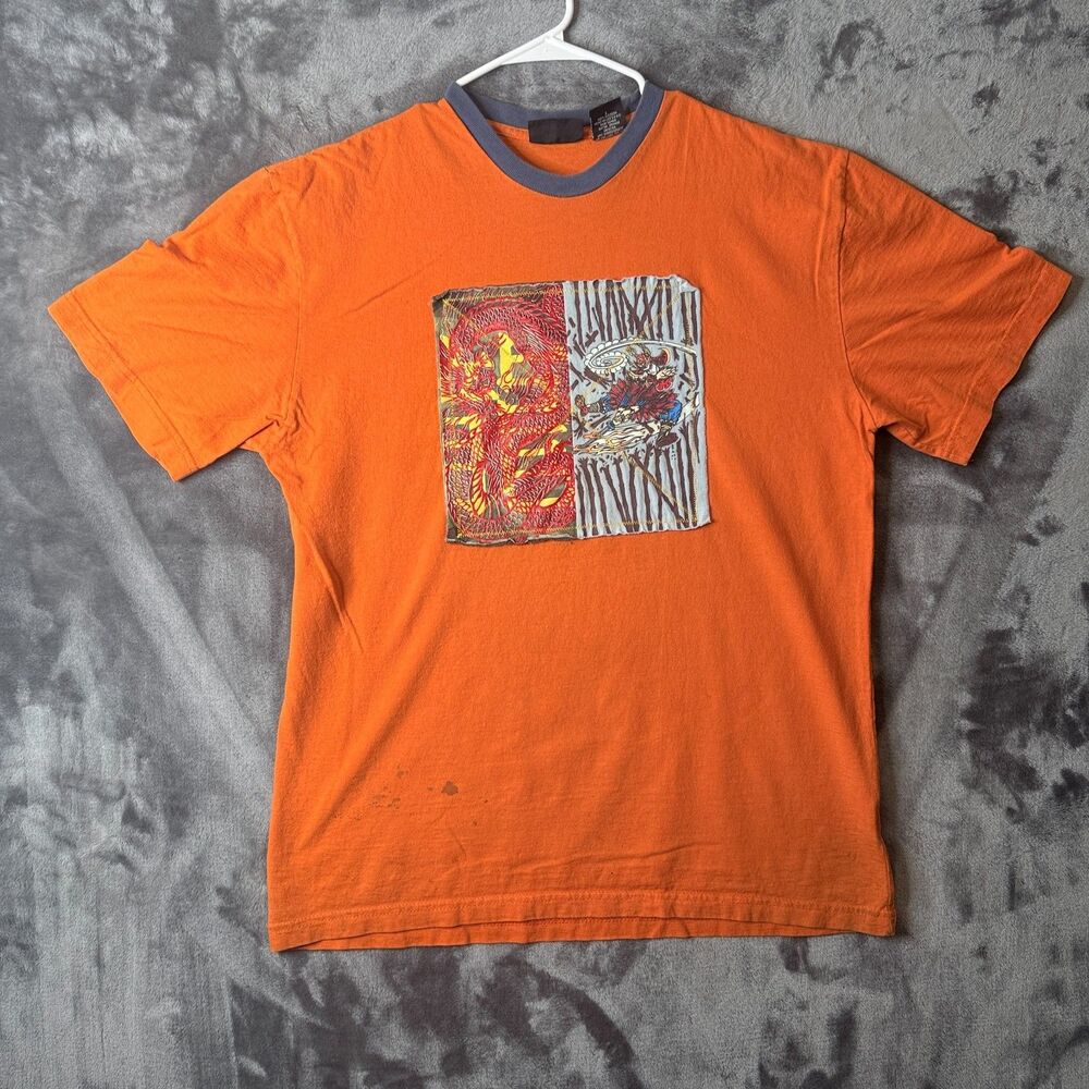 Vintage Y2K No Boundaries Orange Short Sleeve Dragon Samurai Graphic Large